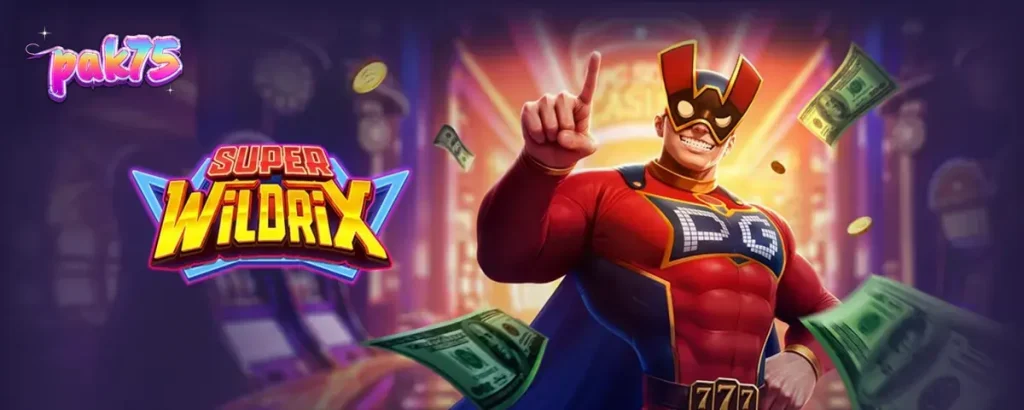 Super Wildrix slot machine interface featuring neon superhero graphics